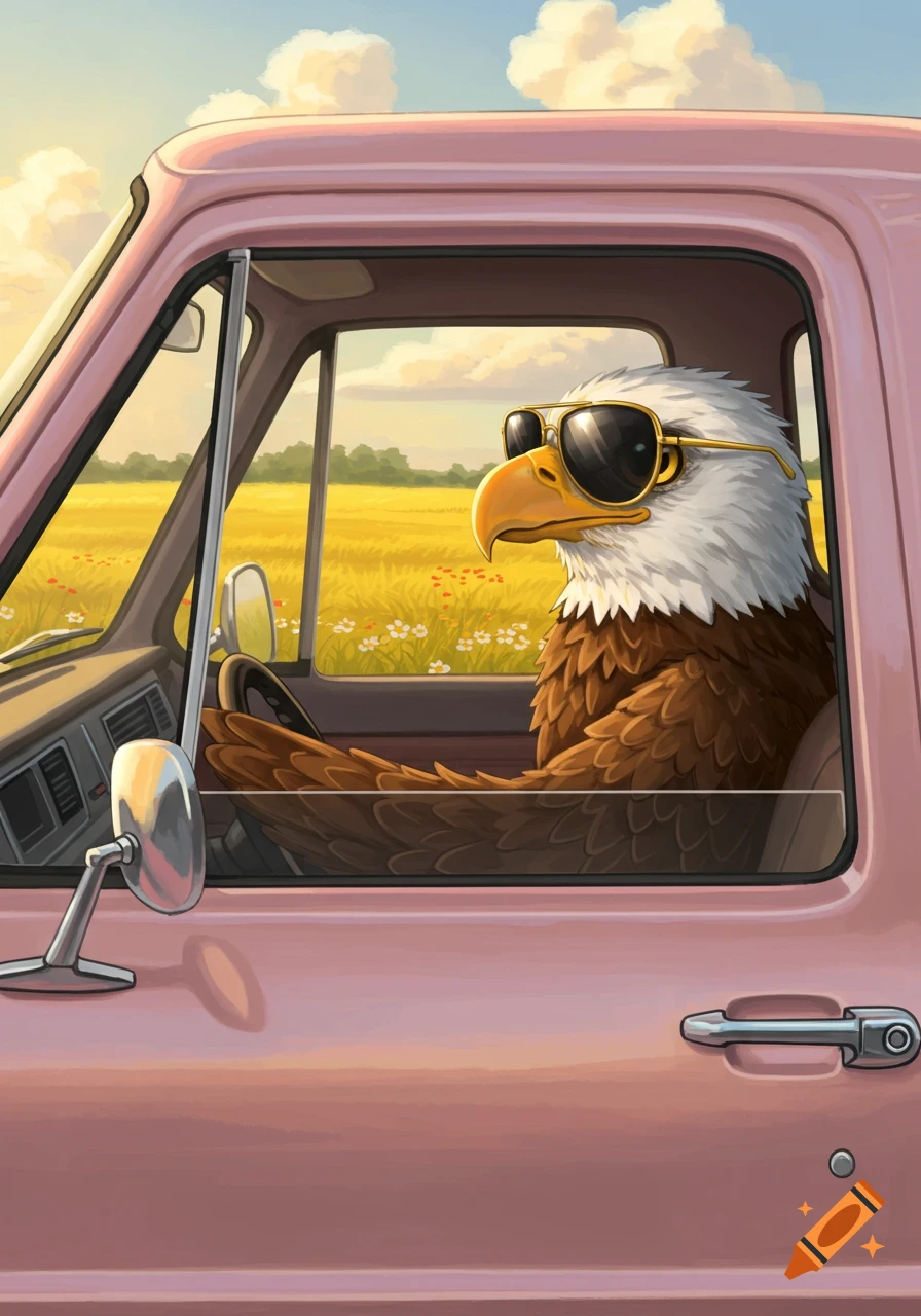 Cartoon eagle in sunglasses driving a pink pickup truck through a sunny field with flowers.