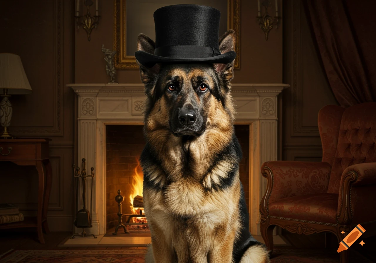 A photorealistic German Shepherd dog wearing a black top hat, sitting elegantly in a luxurious room with a lit fireplace.
