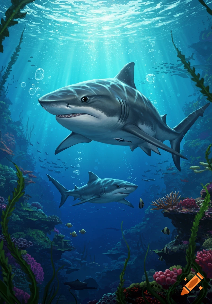 Two sharks, one large and one smaller, swim above a vibrant coral reef with sunlight filtering through the ocean surface. Illustrated style.