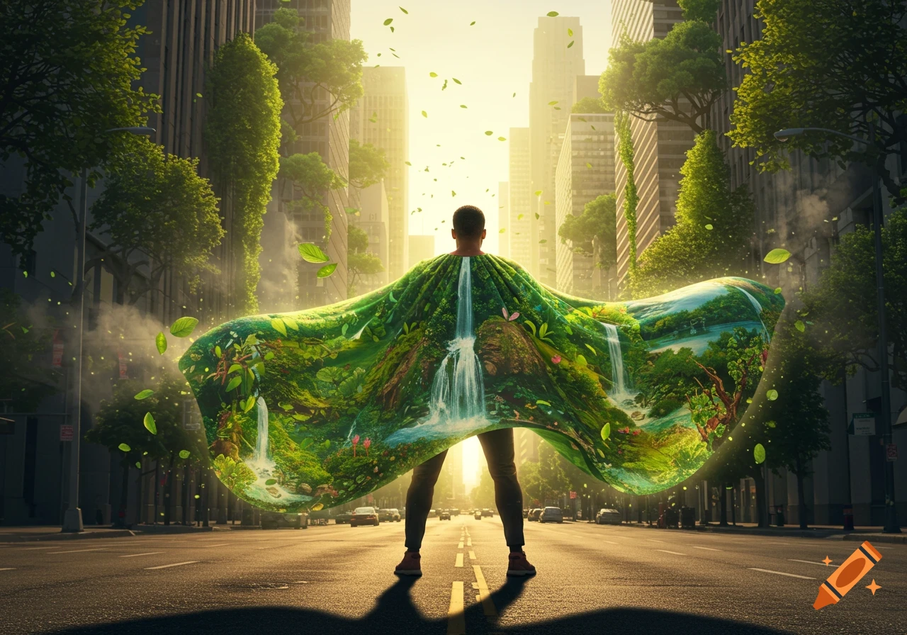 A person from behind wears a flowing green cape with waterfalls and lush nature, standing on a city street with skyscrapers and sunlight.