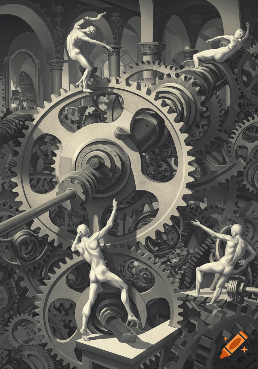 Stylized nude figures interact with a complex system of gears and architectural arches in a monochromatic, Escher-inspired artwork.