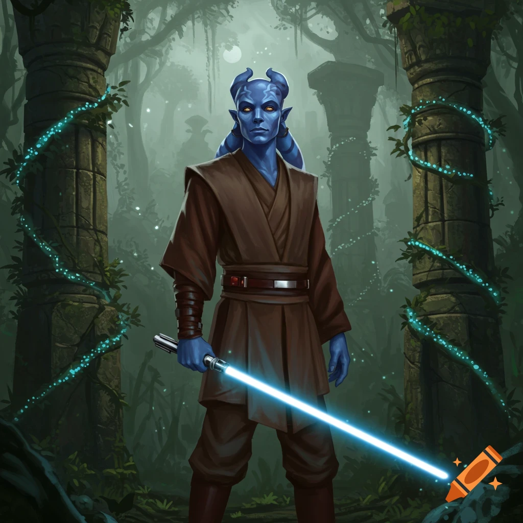 A blue-skinned Chagrian Jedi with horns and a brown robe stands in an overgrown forest with ancient ruins, holding a glowing blue lightsaber.