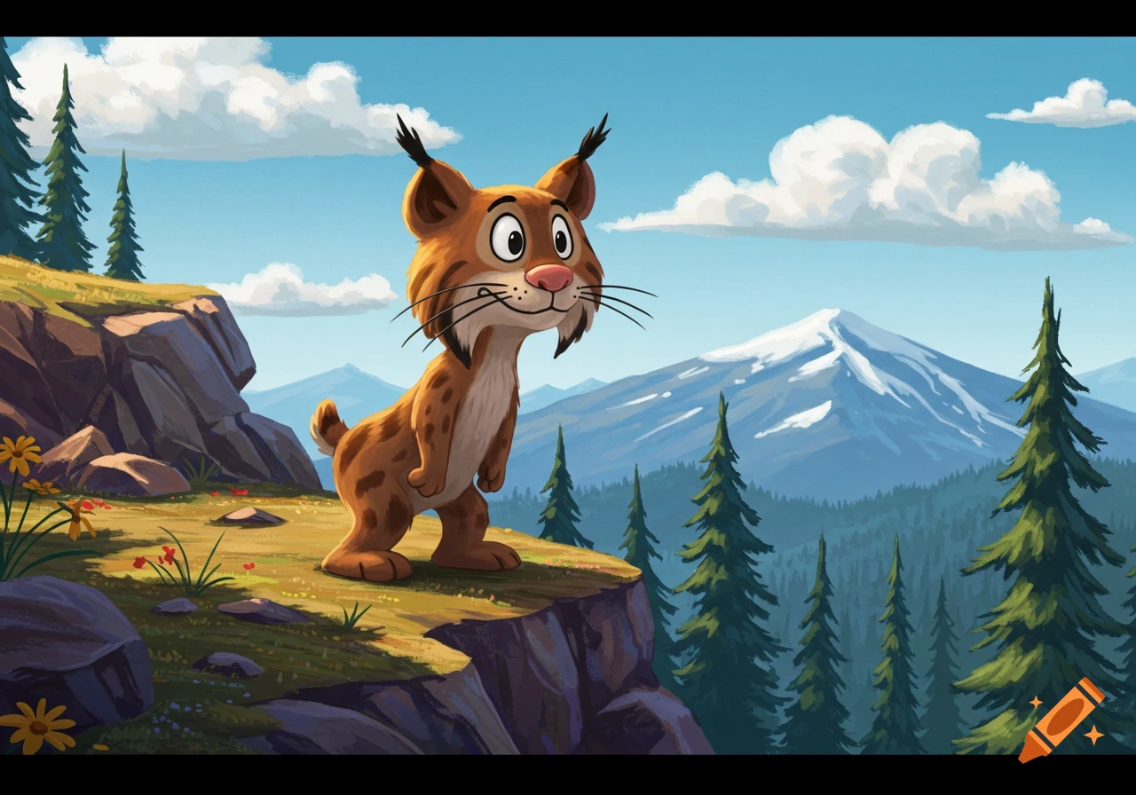 A cartoon bobcat stands on a cliff overlooking a scenic mountain landscape with pine trees and snow-capped peaks.