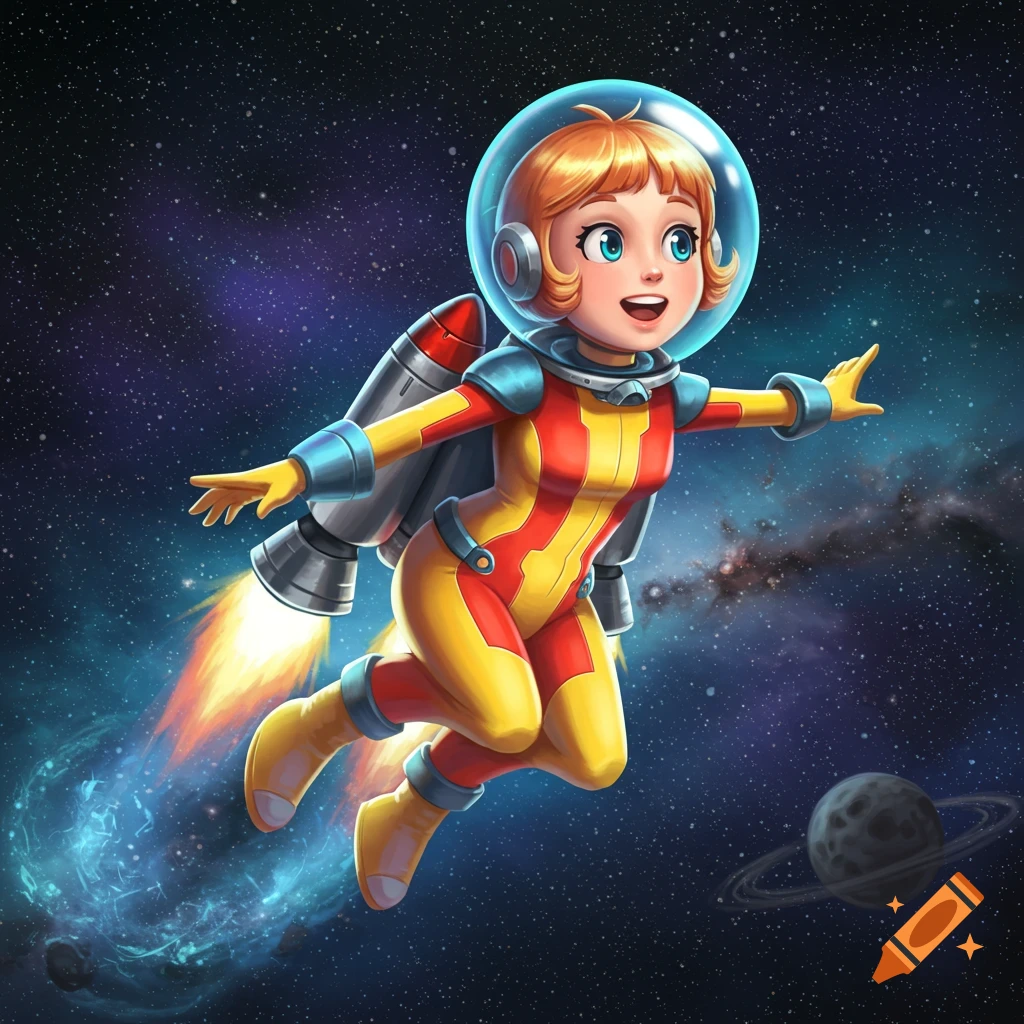 Cartoony girl in a red and yellow superhero suit with a space helmet and jetpack flying through starry space with a planet.