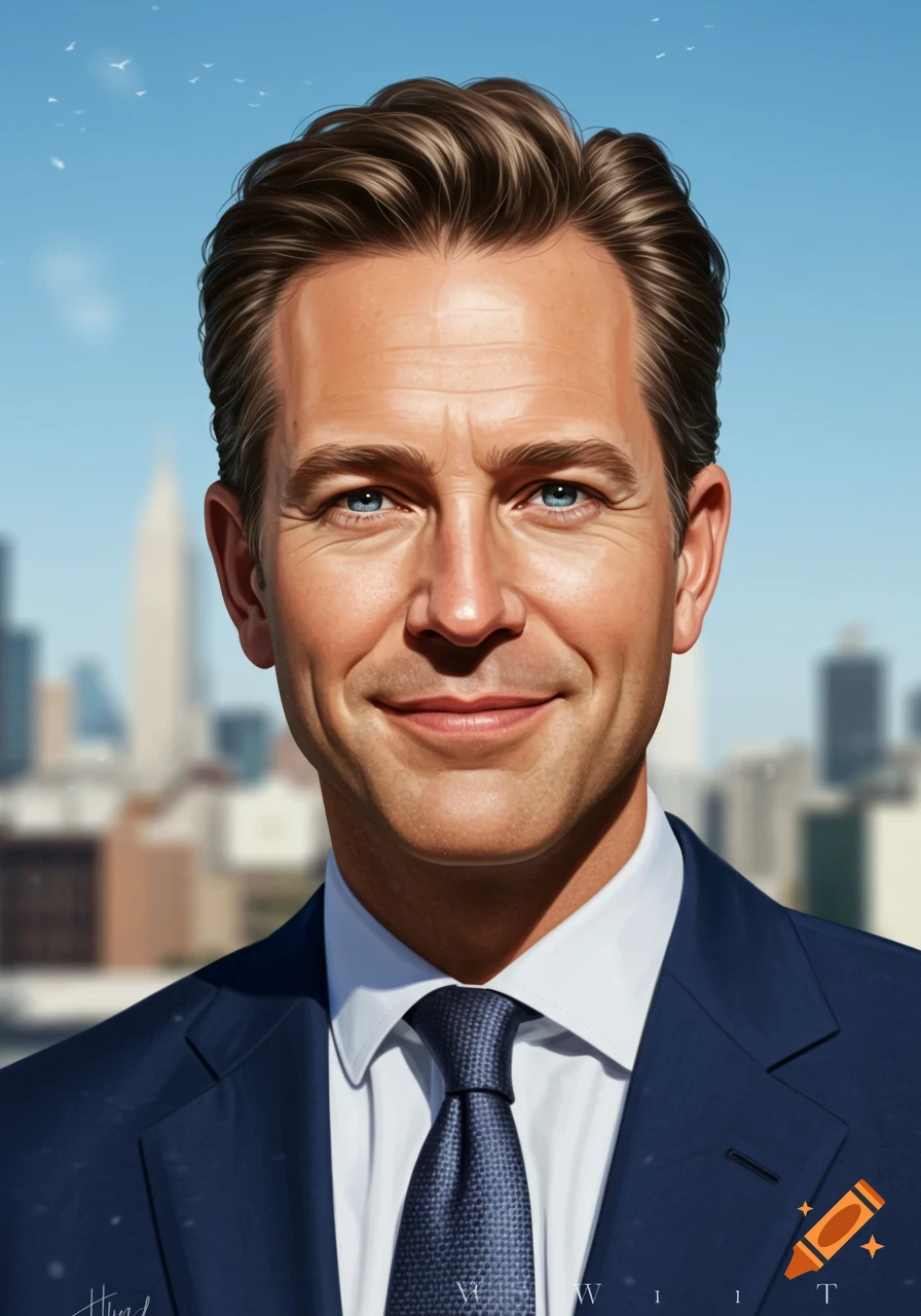 Photorealistic portrait of a smiling man in a suit against a blurred city skyline.