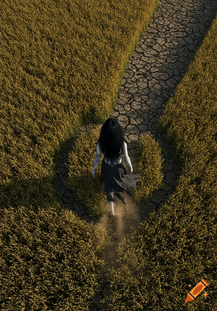 A skeletal woman with long black hair walks through a golden wheat field, leaving a trail of cracked, barren earth. Hyperrealistic.