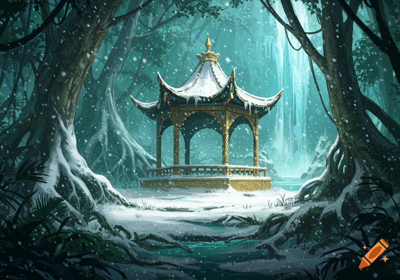 A golden Asian-style pavilion covered in snow, nestled in a mystical jungle with large trees and a waterfall in the background.