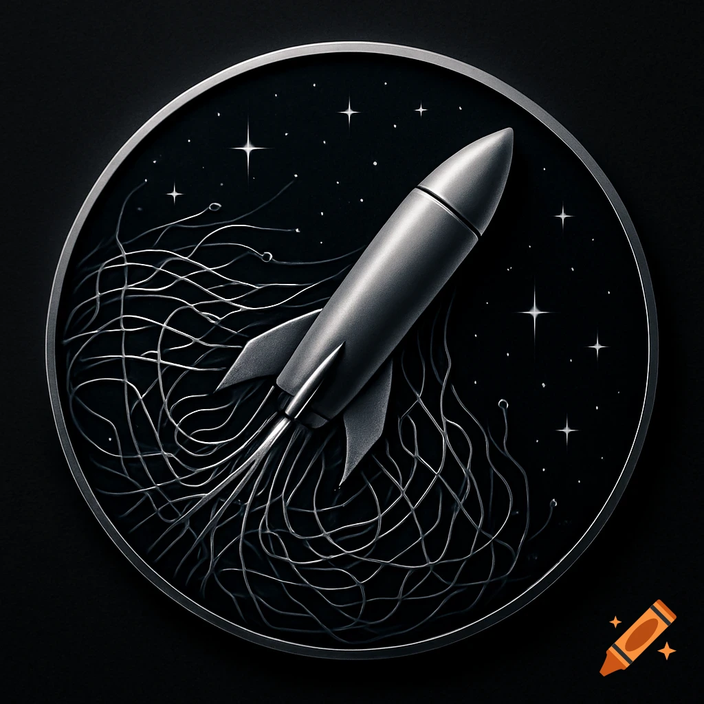 Grayscale logo of a rocket blasting off within a circular frame, surrounded by a technology web and stars.