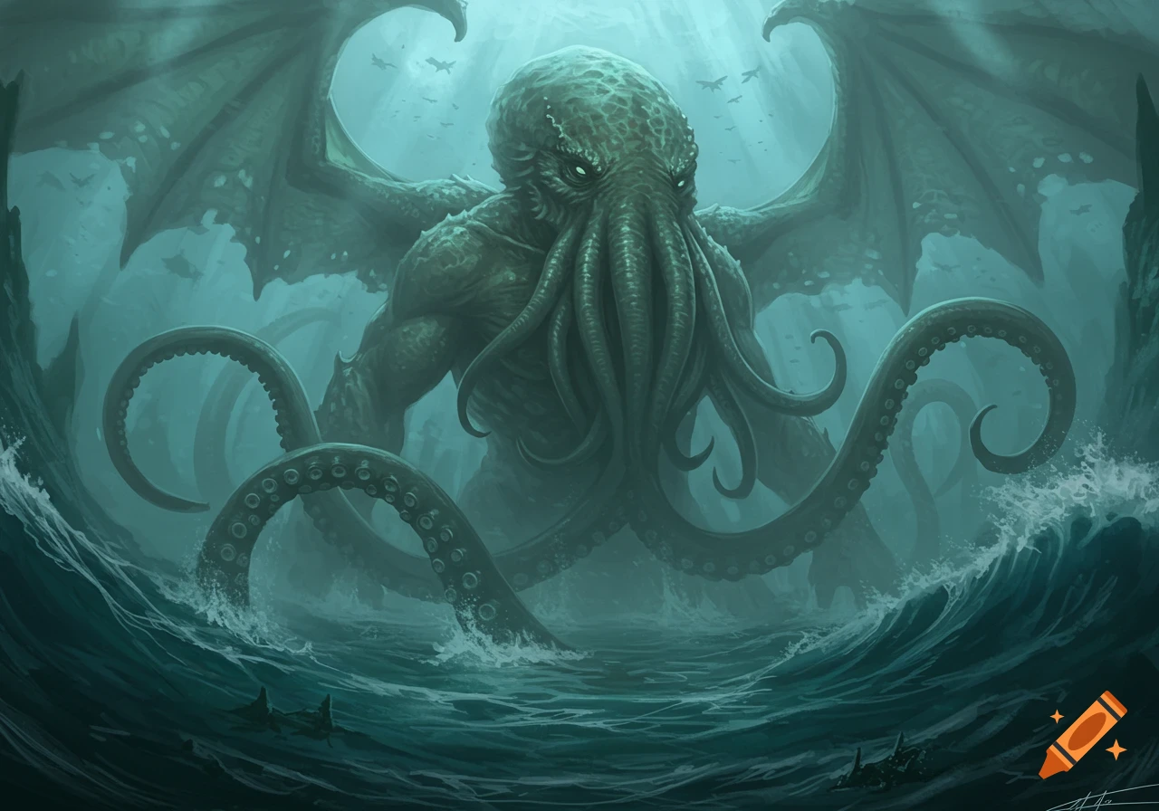 A colossal winged Cthulhu with a tentacled face emerges from the deep, stormy green ocean, rendered in a detailed dark fantasy art style.