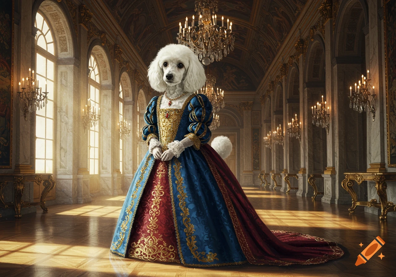 A white poodle in an elaborate blue and red Renaissance-style gown stands in a grand, ornate palace hall, bathed in sunlight.
