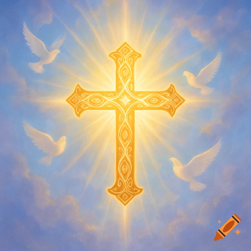 A radiant golden cross with intricate designs, emanating bright light, surrounded by four white doves in a blue, cloudy sky.
