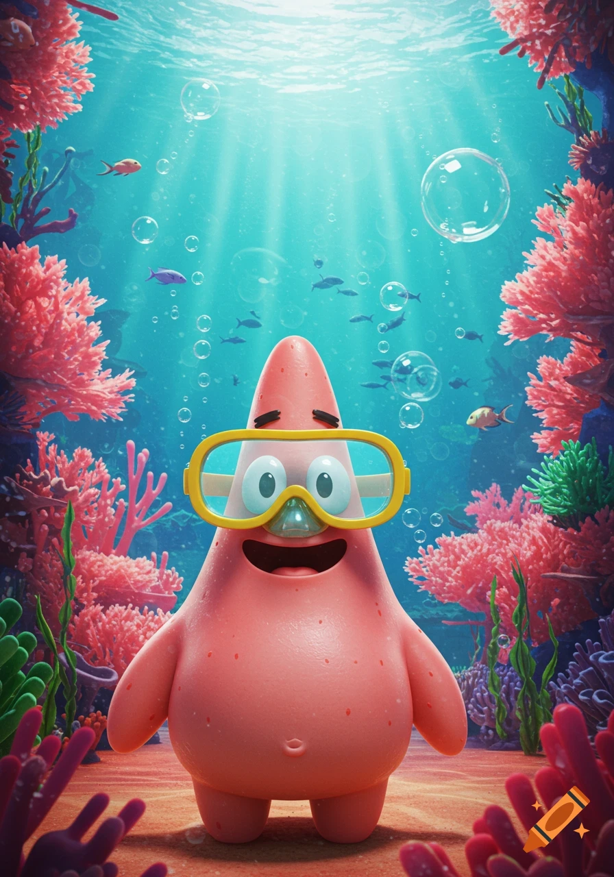 Patrick Star wearing yellow goggles underwater, surrounded by vibrant coral, fish, and bubbles, in a bright cartoon style.