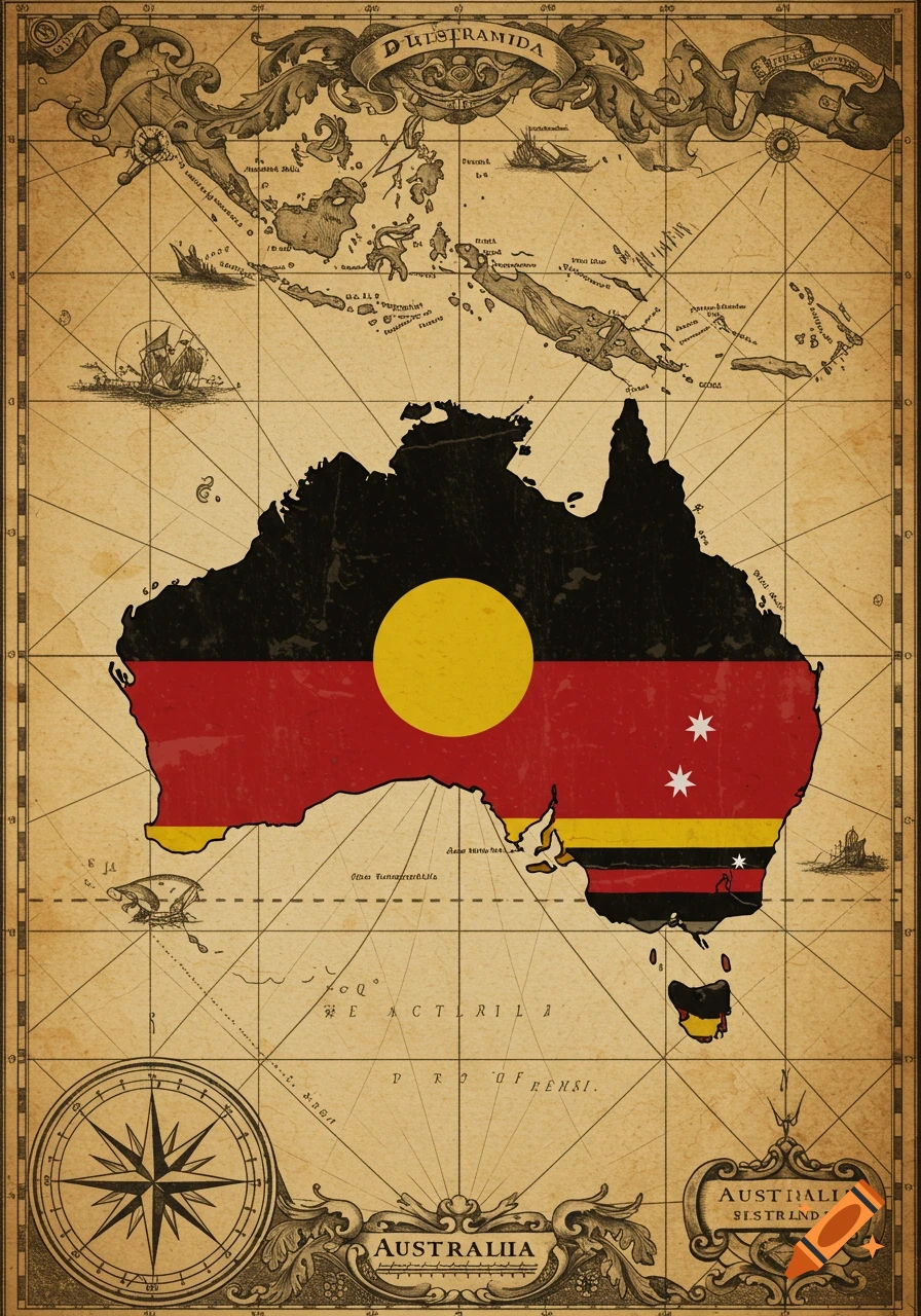 An old-style map of Australia and surrounding islands, with Australia's landmass colored with the Aboriginal flag in the center and other flag patterns towards the bottom. Decorative borders, compass rose, and stylized text are present on a textured, aged paper background.