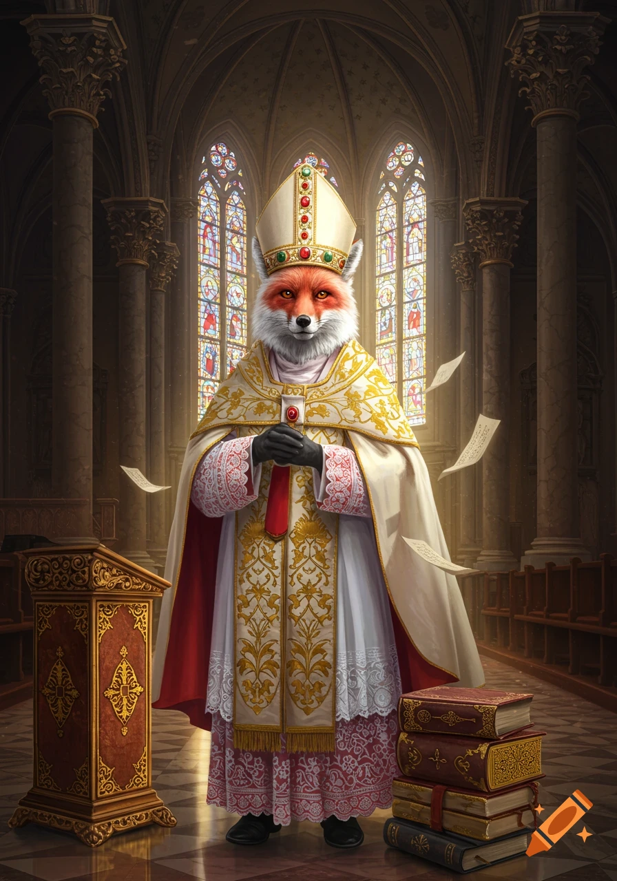 An anthropomorphic fox dressed as a pope stands in an ornate church with stained glass windows, surrounded by books and a lectern.