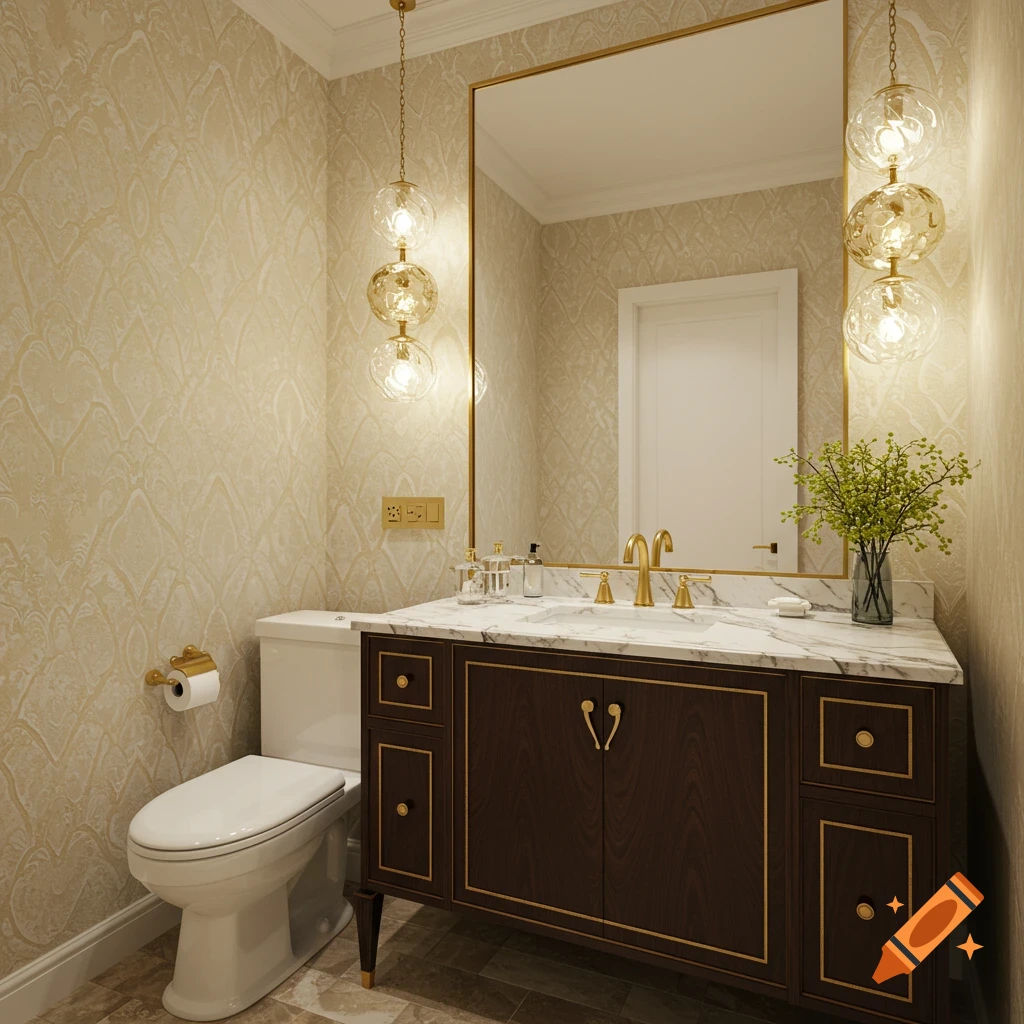 Photorealistic image of a luxurious powder room with a dark wood vanity, marble counter, gold fixtures, and ornate lighting.