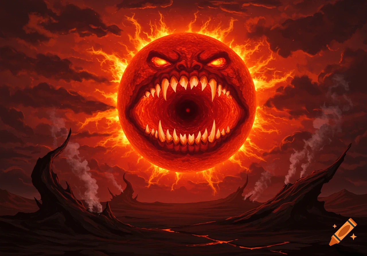 A monstrous, angry red sun with sharp teeth and a gaping maw illuminates a dark, fiery, desolate landscape with jagged rock formations.