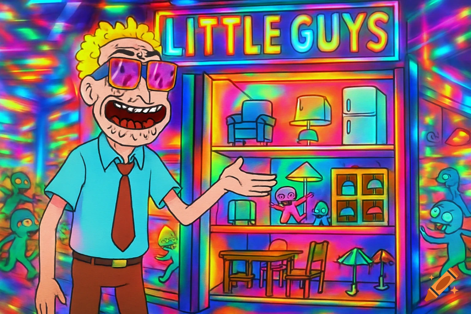 A cartoon man in sunglasses and a tie presents his store "LITTLE GUYS" filled with tiny furniture, surrounded by small aliens in a vibrant, psychedelic setting.