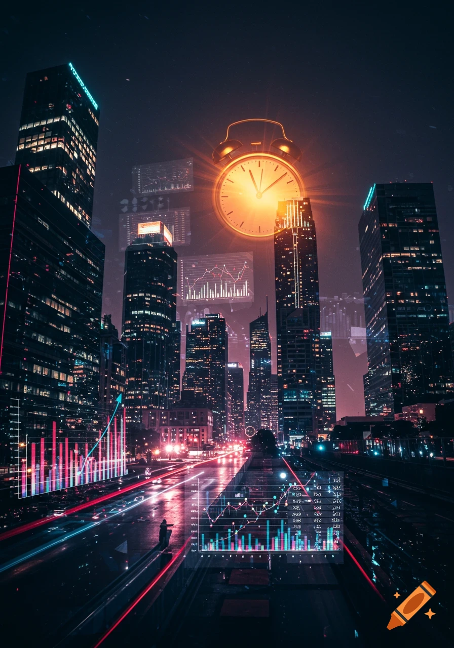 A dark, futuristic cityscape at night, overlaid with glowing financial charts and a bright alarm clock, symbolizing business and time.