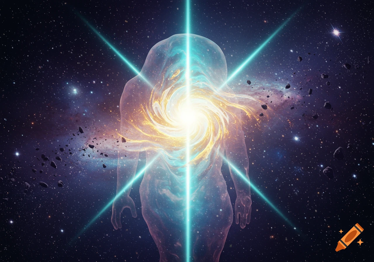 A translucent, luminous human-like figure in deep space, with a swirling galaxy in its chest and bright light rays emanating.