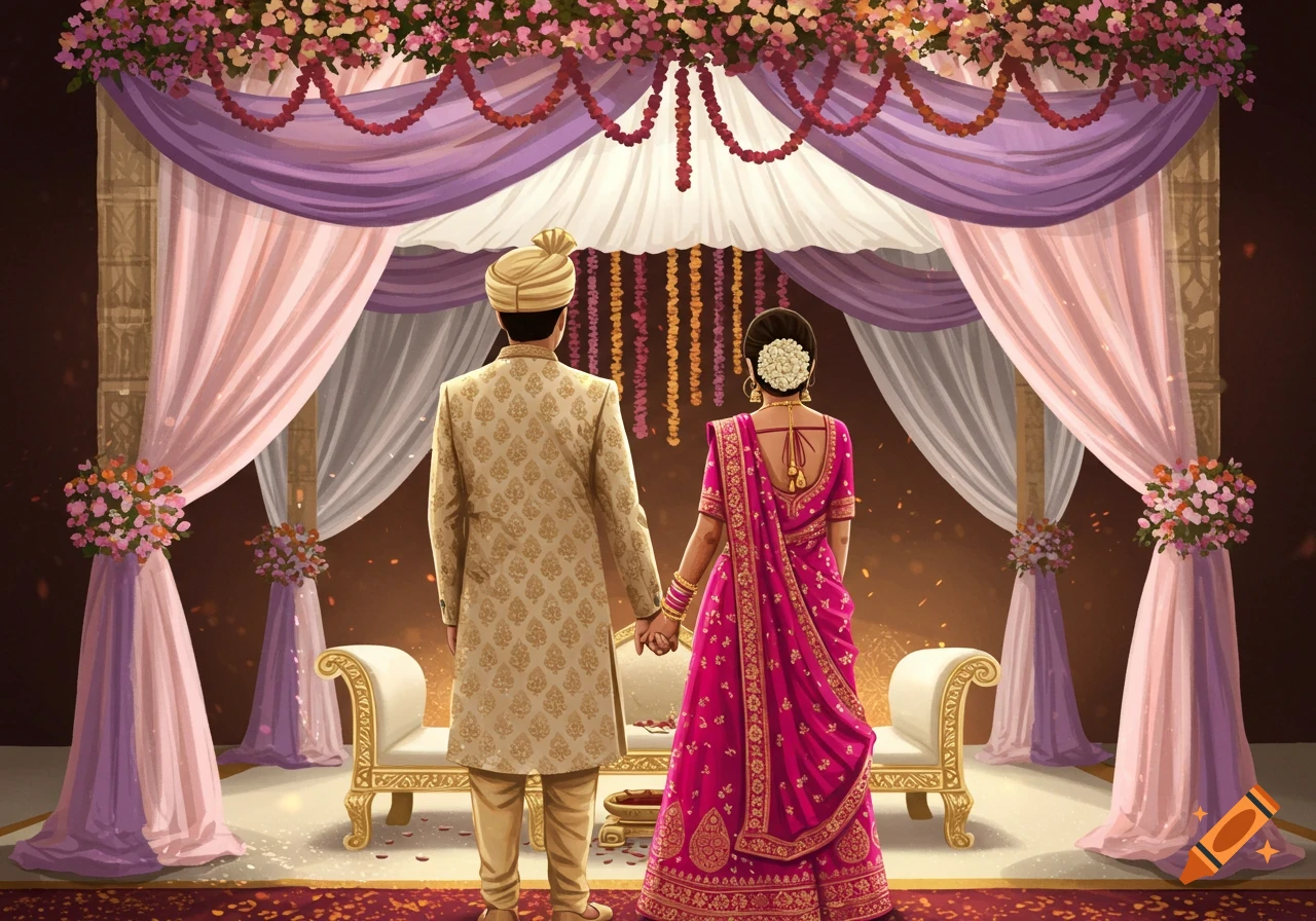 An illustrated Indian couple in traditional attire, seen from behind, holding hands in a decorated pink, purple, and white mandap.