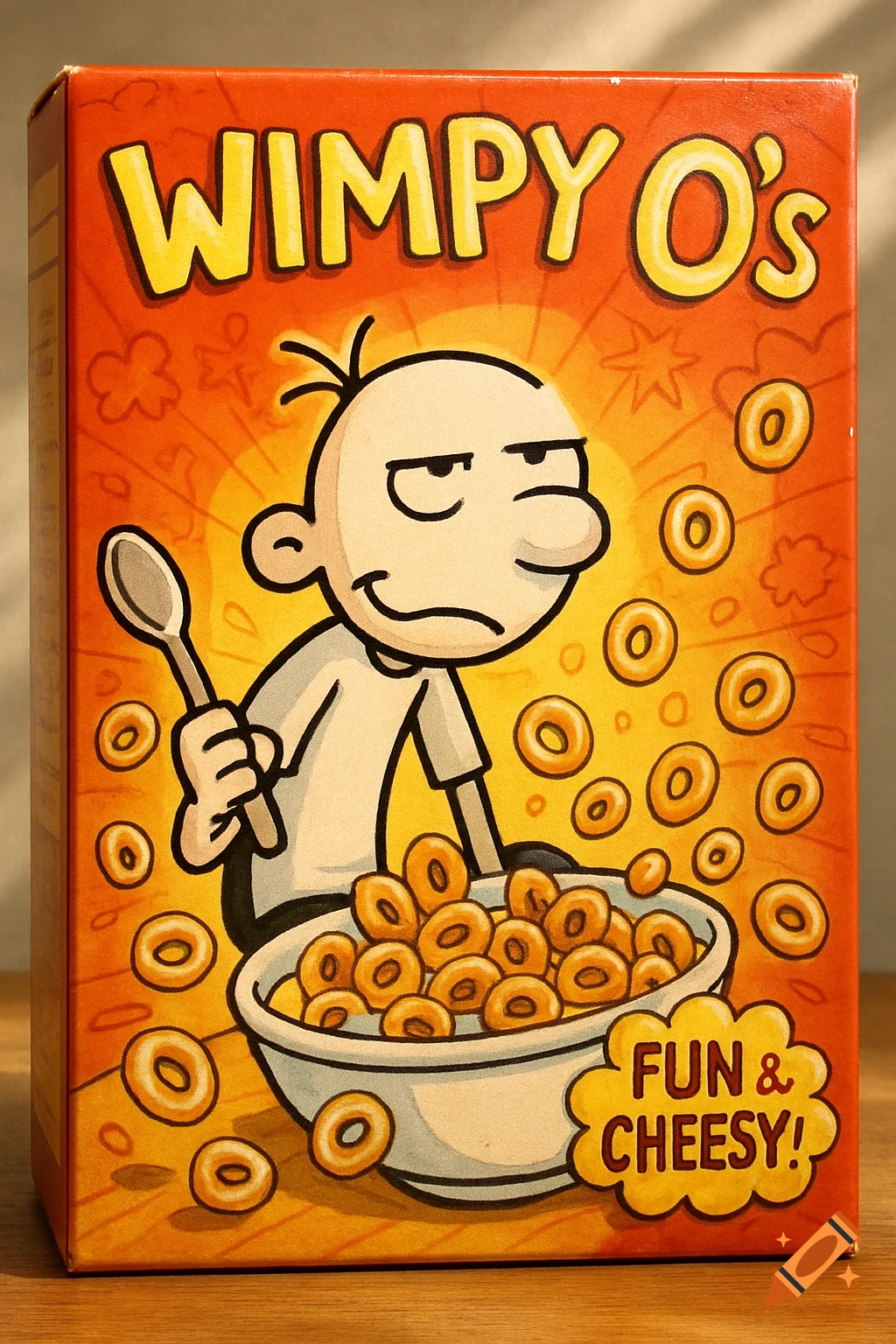 Cartoon 'Wimpy O's' cereal box with Greg Heffley character holding a spoon over a bowl of O-shaped cereal. Text says 'FUN & CHEESY!'.