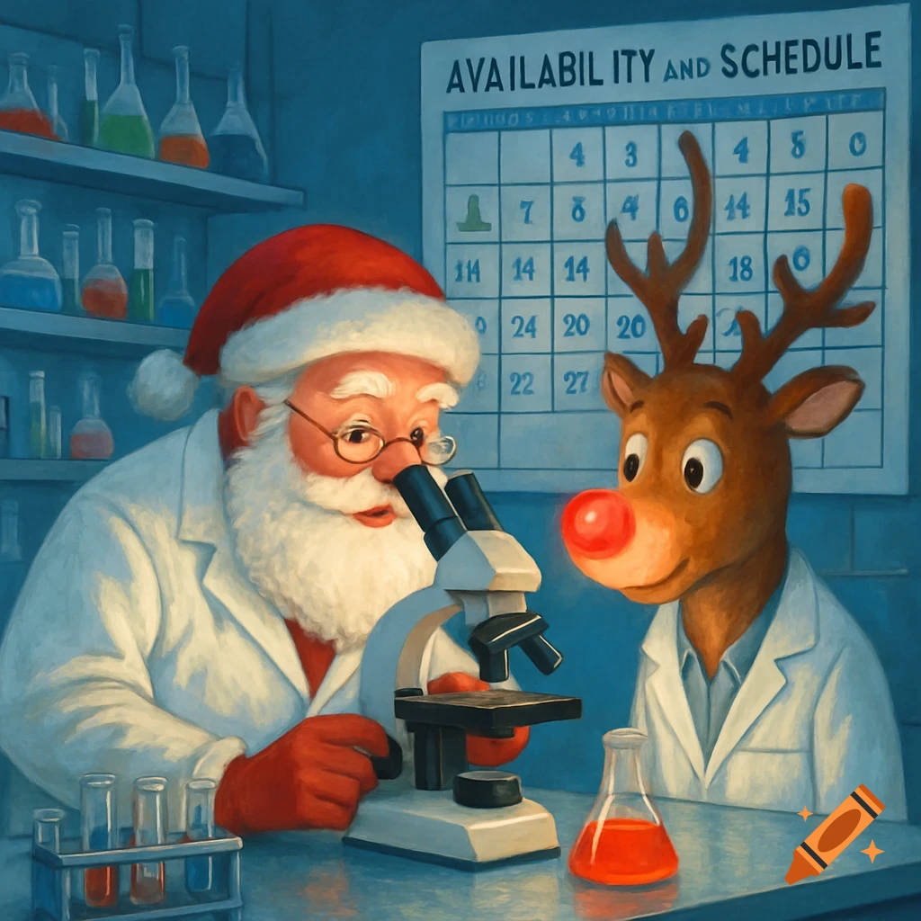 Cartoon Santa and Rudolph in lab coats looking at a microscope in a laboratory, with a calendar on the wall.