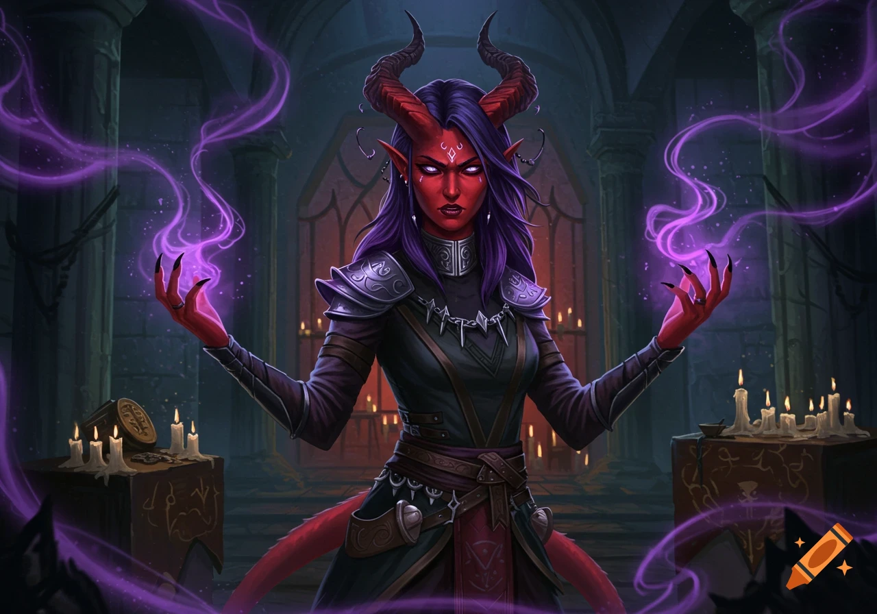 A red-skinned Tiefling sorceress with purple hair and horns, wearing dark armor and robes, stands in a candlelit temple, casting purple magic from her hands.