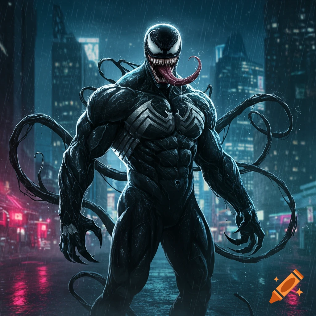Venom, a monstrous black symbiote, stands in a rainy city at night, tongue extended, in a comic art style.
