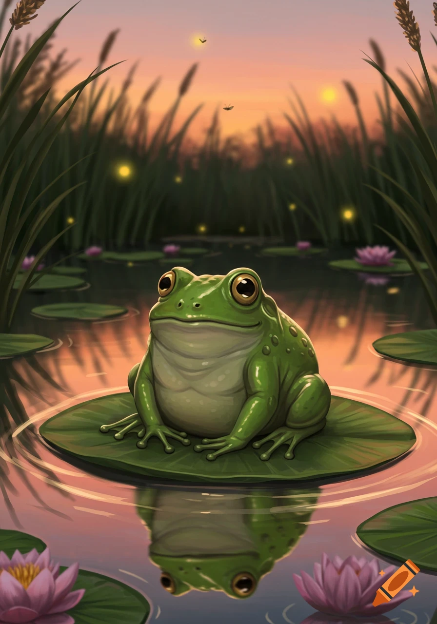 A friendly green frog sits on a lily pad in a pond with pink water lilies at sunset, surrounded by reeds and fireflies.
