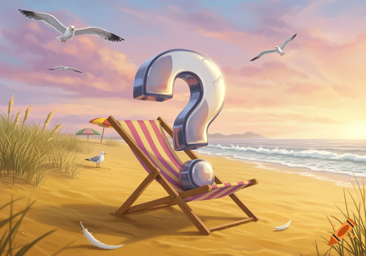 A large shiny silver question mark sits in a striped beach chair on a sandy beach at sunset, with seagulls flying.