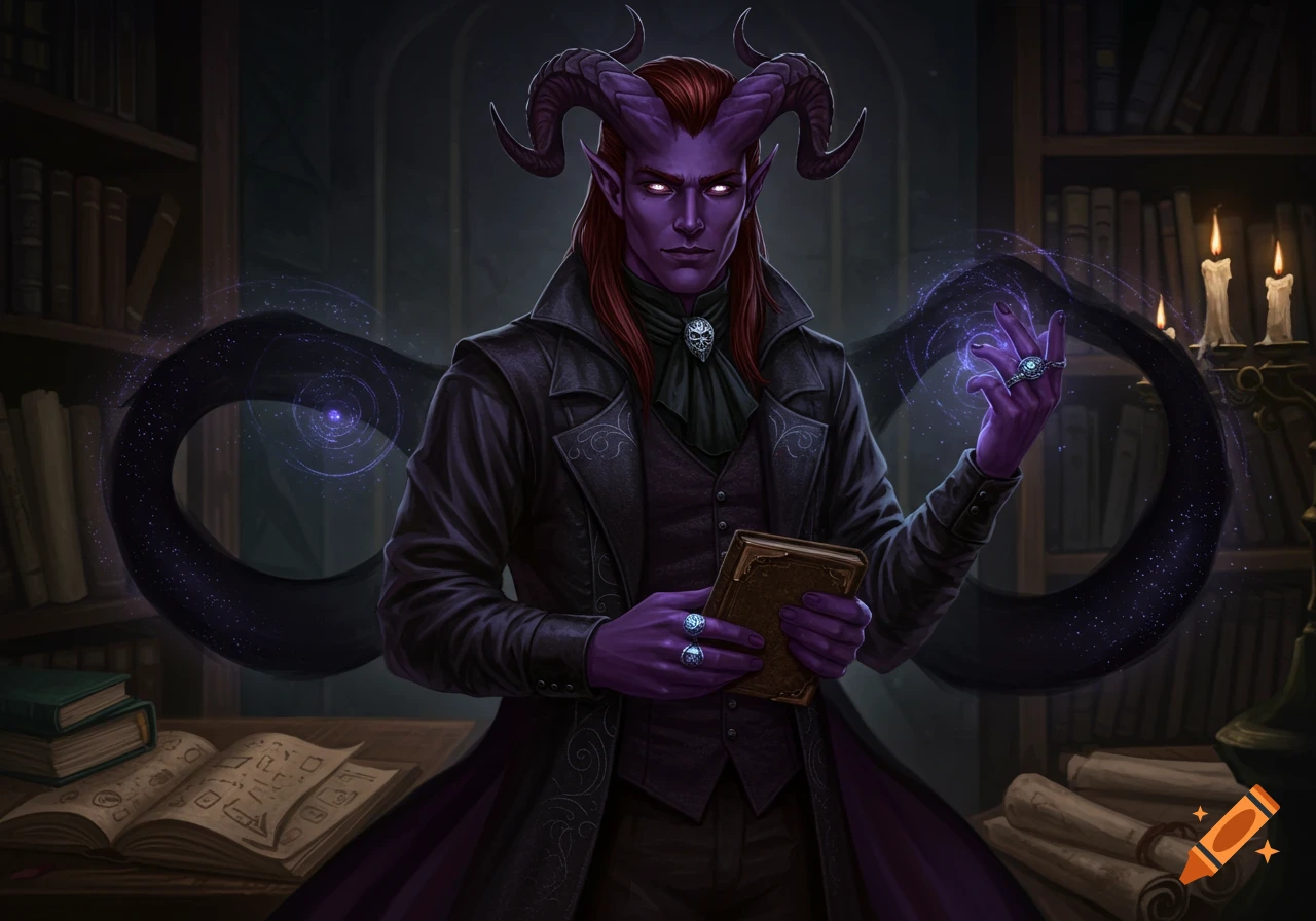 A semi-realistic fantasy painting of a purple-skinned male tiefling with horns and red hair, casting a spell and holding a book in a library.