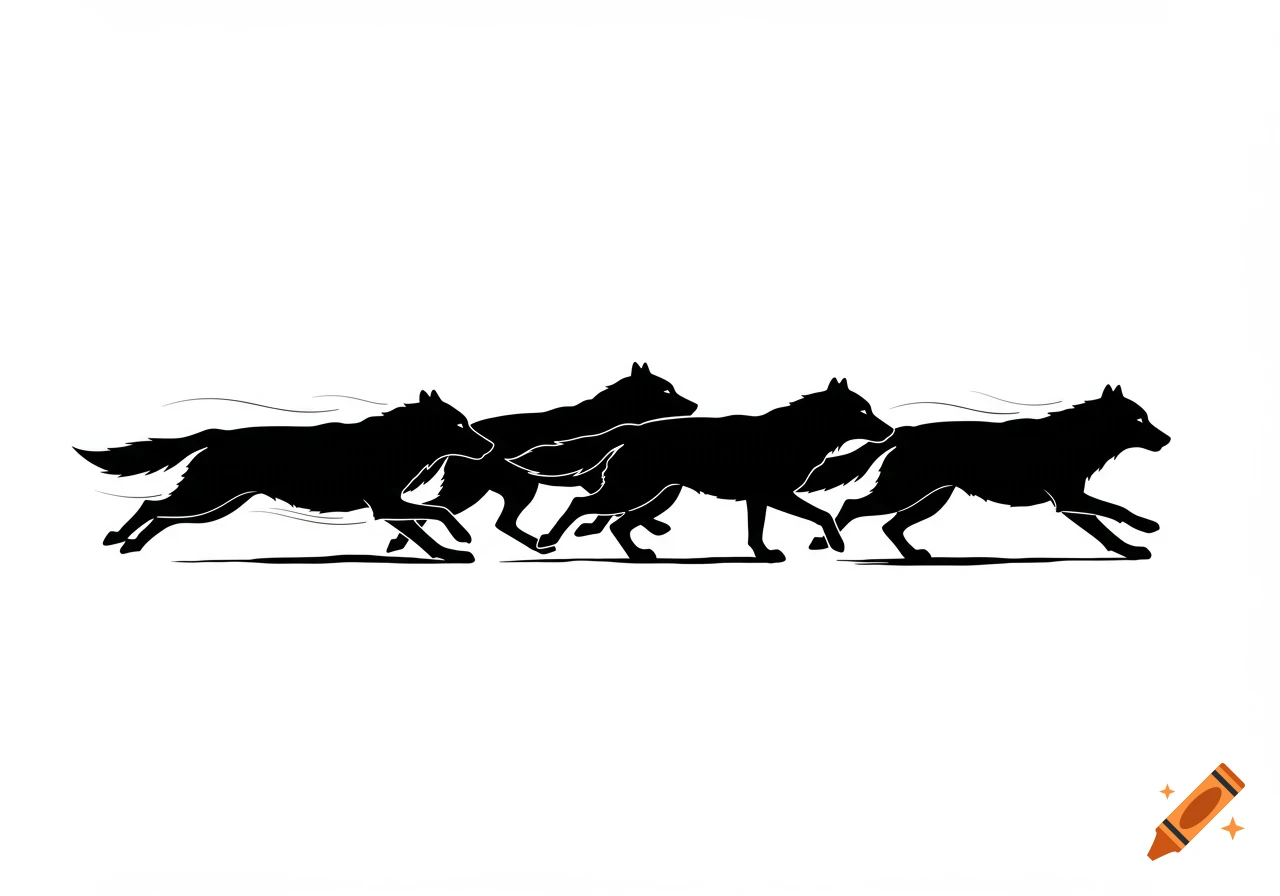Five black wolf silhouettes running with motion lines on a white background.