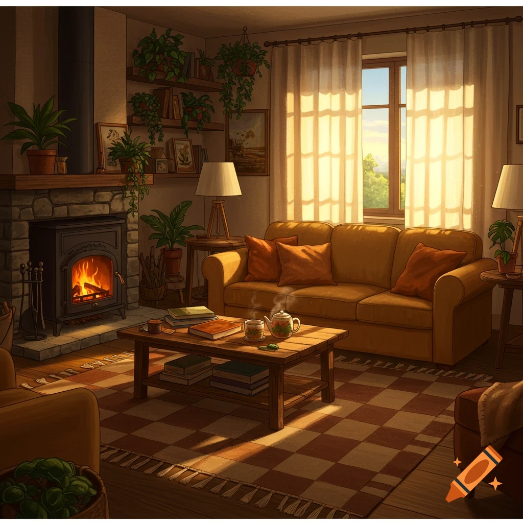 A warm, cozy living room with a fireplace, a yellow sofa, many potted plants, and sunlight streaming through large windows.