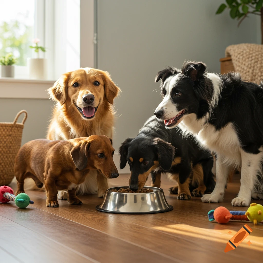 Four dogs, including a Golden Retriever and a Border Collie, gather around a food bowl on a sunlit wooden floor.