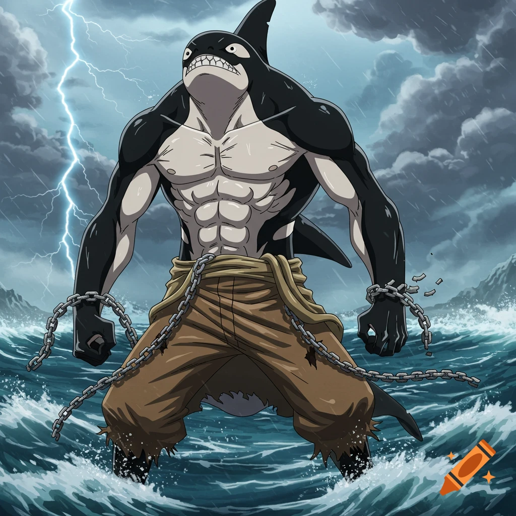 A muscular, shirtless Orca-Fishman with busted chains on his wrists stands in a stormy sea under lightning, in an anime style.