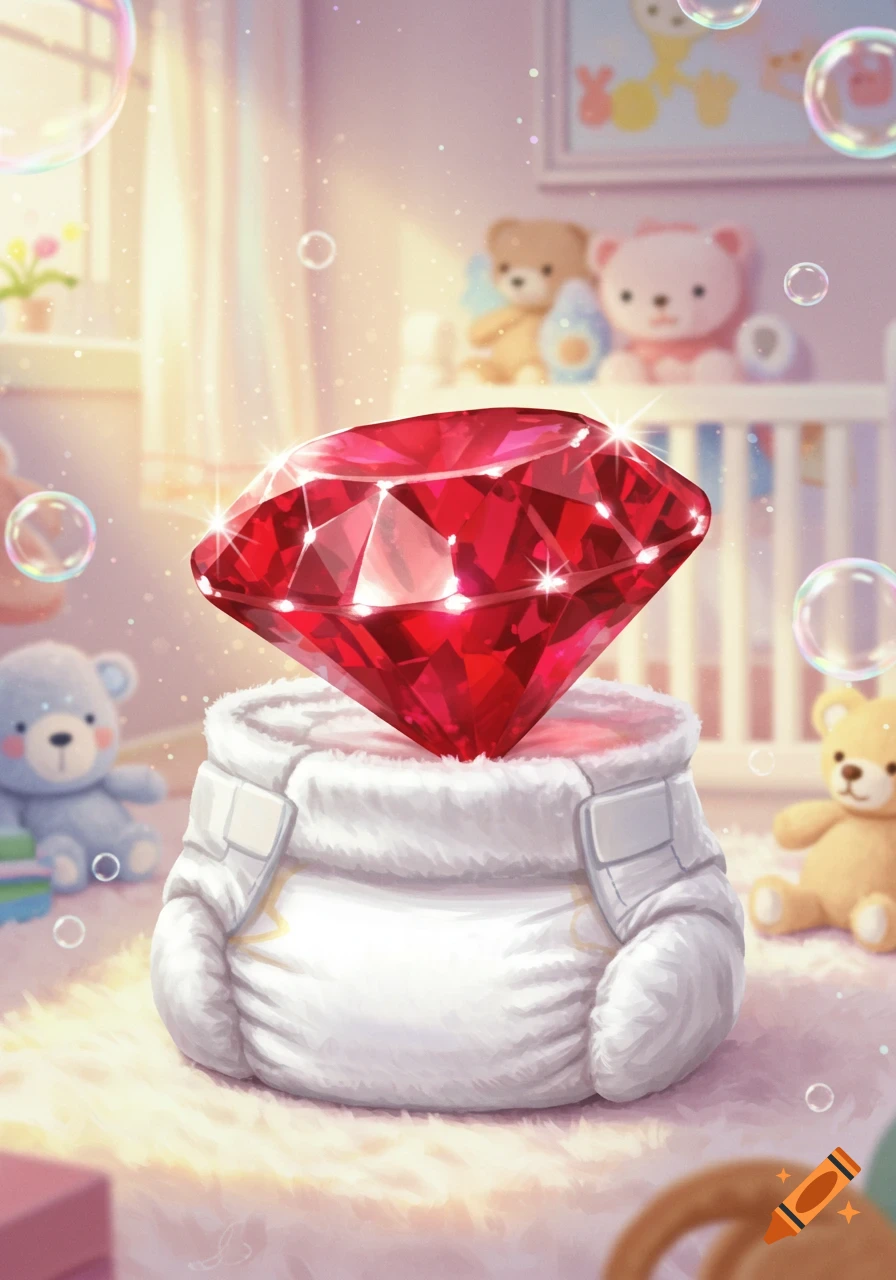 A large, sparkling red ruby wearing a white diaper stands in a soft, bright baby's room with blurred teddy bears and floating bubbles, digital illustration.
