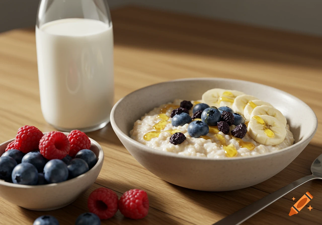 Hyper-realistic photo of oatmeal with blueberries, dried berries, banana, and honey. A bottle of milk and a bowl of fresh raspberries and blueberries are on a wooden table.