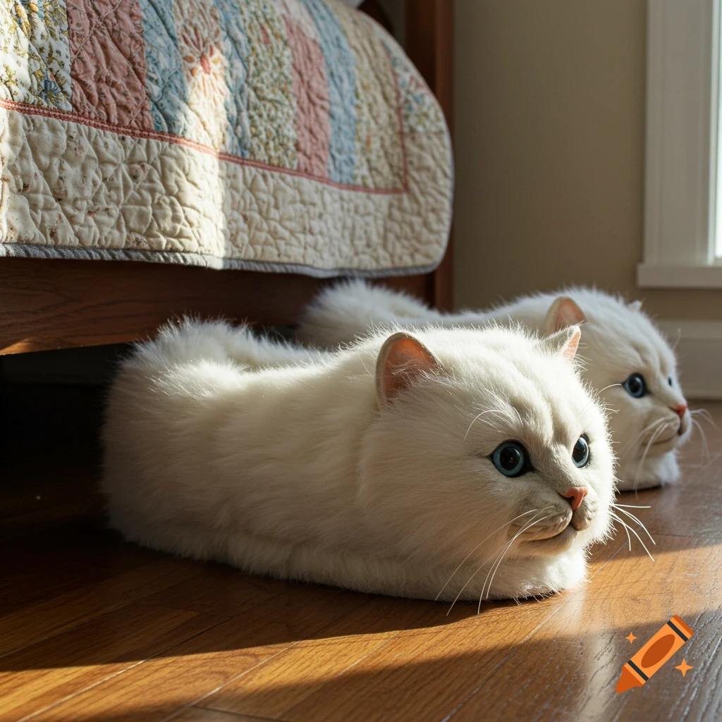 Two large plush white Persian cat slippers with blue eyes rest on a sunlit wooden floor next to a bed.