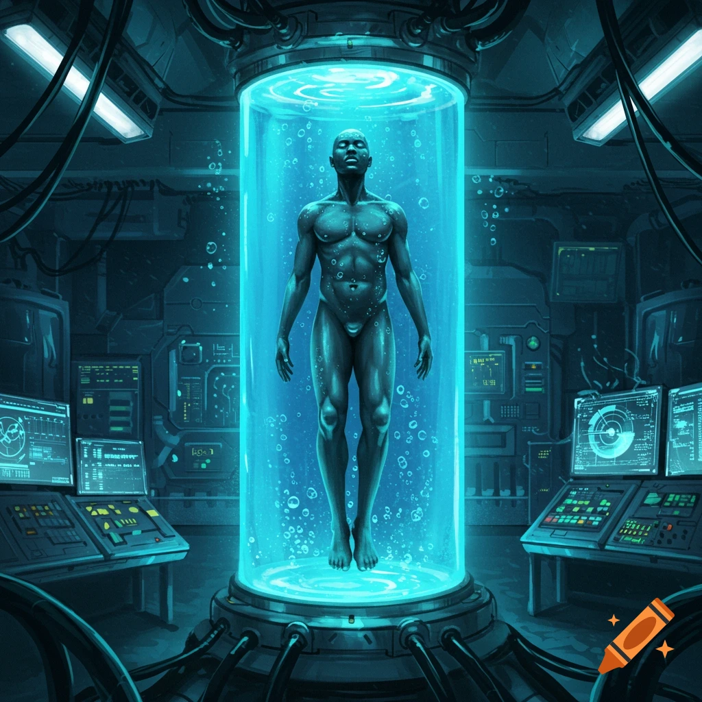 A bald, muscular man floats in a glowing blue sci-fi tube filled with bubbles, surrounded by futuristic machinery and screens in a dark laboratory.