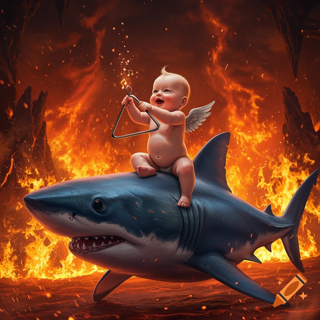 Smiling baby with small wings plays a triangle while riding a shark through a fiery, hellish landscape.