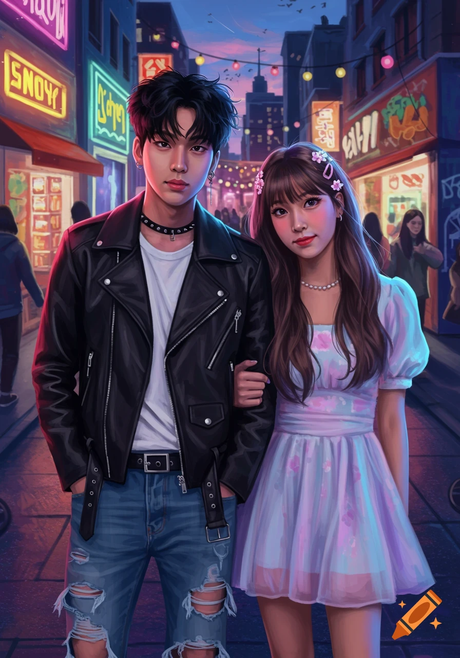 An illustration of a young man and woman, dressed fashionably, standing arm-in-arm on a neon-lit city street at dusk.