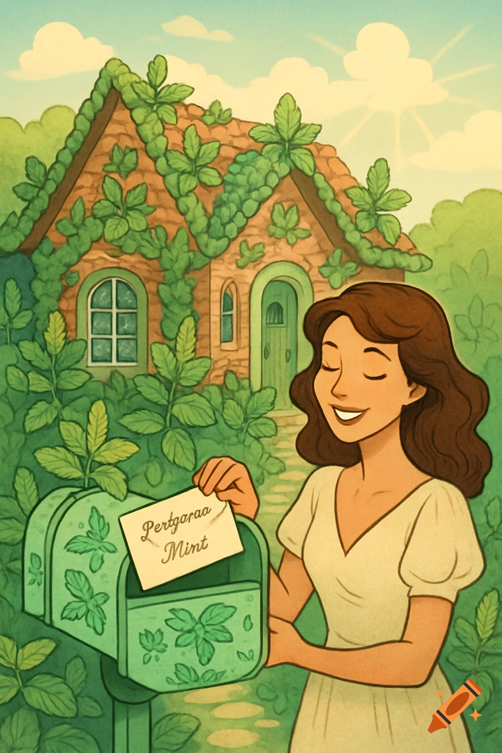 Cartoon illustration of a smiling woman in a garden, placing a letter into a mint-decorated mailbox in front of a house covered in mint leaves.