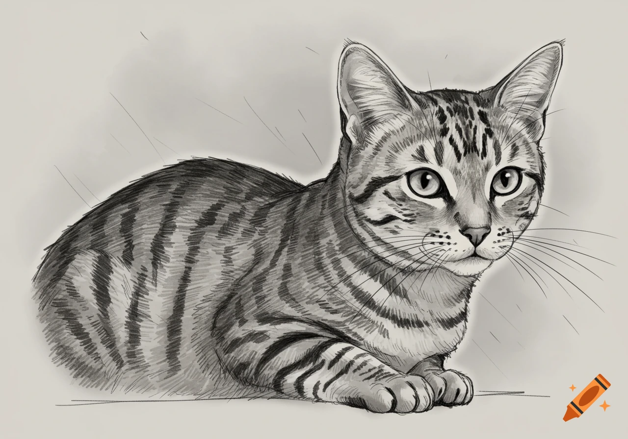 A grayscale sketch of a short-haired tabby cat lying down on a light background.