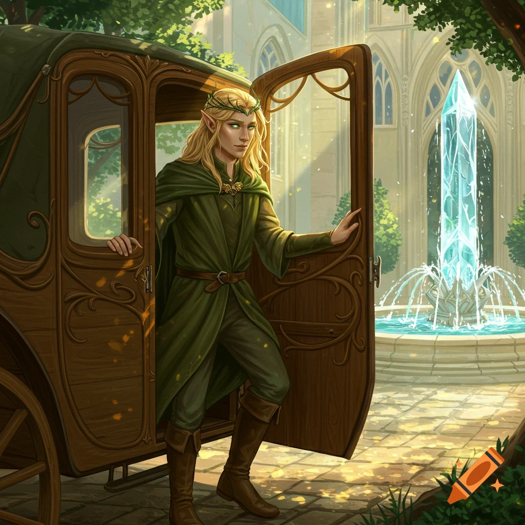 Blond elven prince in green clothes steps from a carriage by a crystal fountain and grand building, sunlit fantasy illustration.