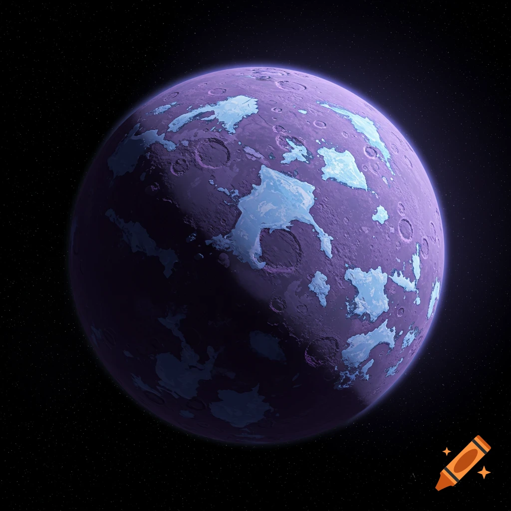A purple rocky planet with light blue ice caps and craters, set against a dark starry space.