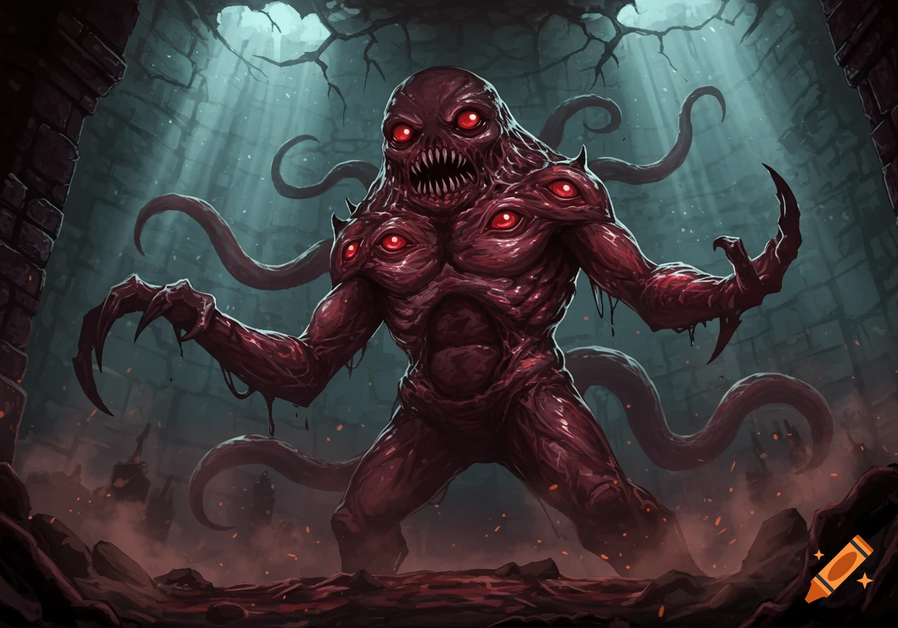 A grotesque, fleshy red monster with multiple glowing red eyes, sharp teeth, and tentacles stands in a dark dungeon with light rays.