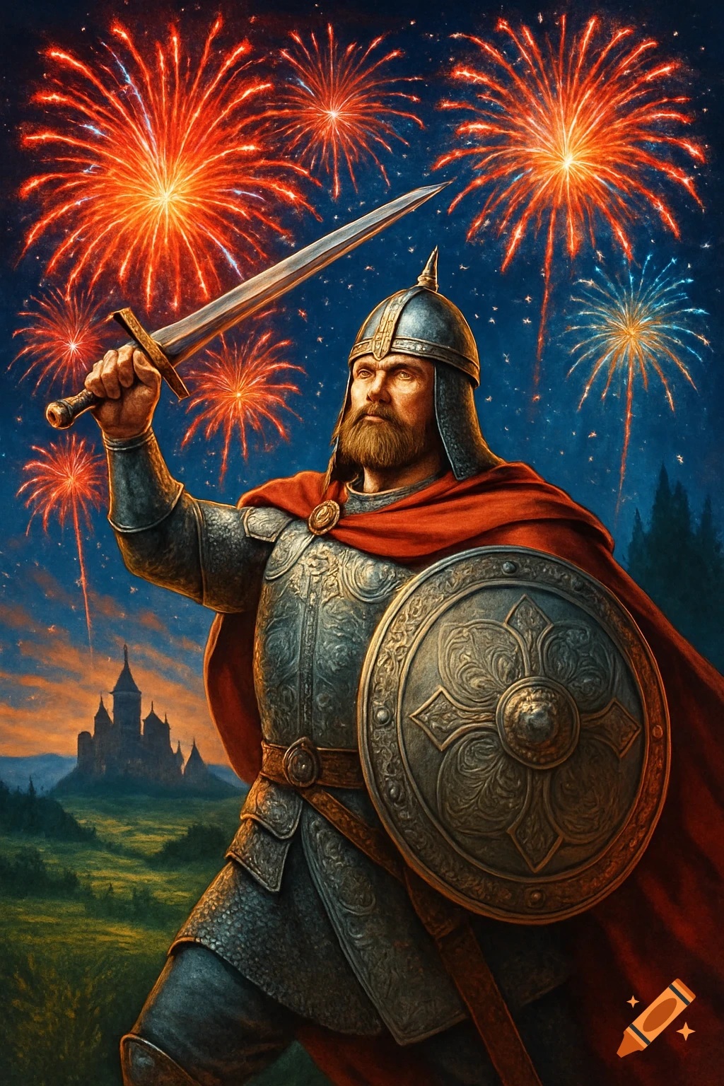 A bearded medieval warrior in armor and a red cape holds a sword and shield, with fireworks exploding above a distant castle.