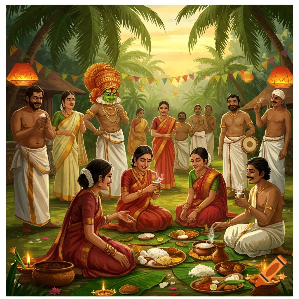 Vibrant illustration of a Kerala festival scene with people in traditional attire gathered under palm trees, eating and drinking on banana leaves. A person in a Kathakali-style costume stands among them.