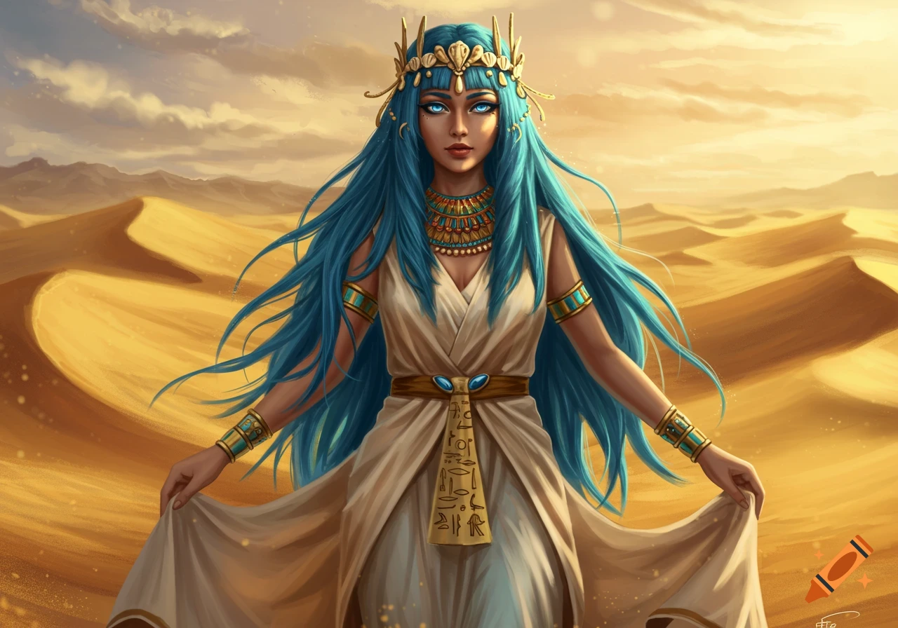 Digital painting of an Egyptian goddess with long blue hair and seashell crown, wearing an ancient dress in a desert.