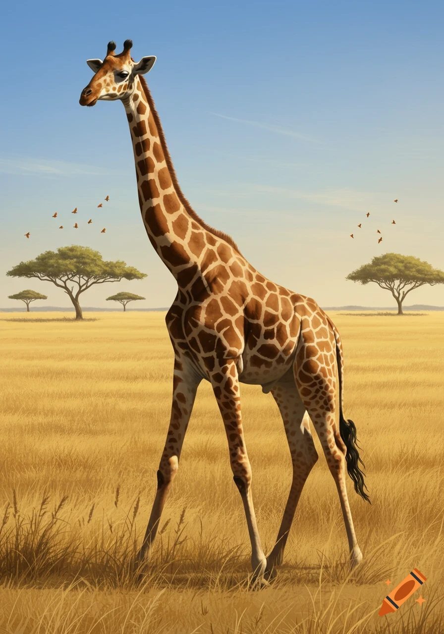 A photorealistic giraffe with a long neck stands in a golden savanna with acacia trees and flying birds under a clear blue sky.